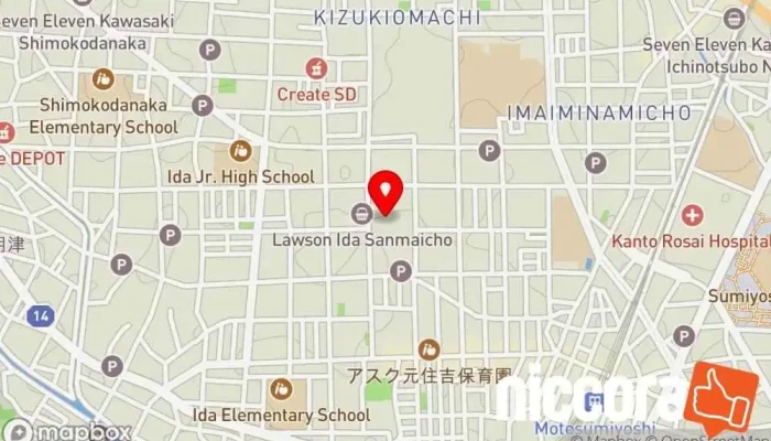 の地図 川崎市 国際交流センター コミュニティ センター, イベント会場, ファンクション ルーム施設, コンサート ホール, レストラン で 川崎市